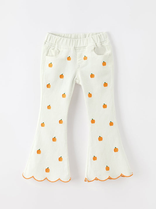 Girls Pumpkin Embroidered Wide-Leg Pants Fall Scallop Hem Casual Pants