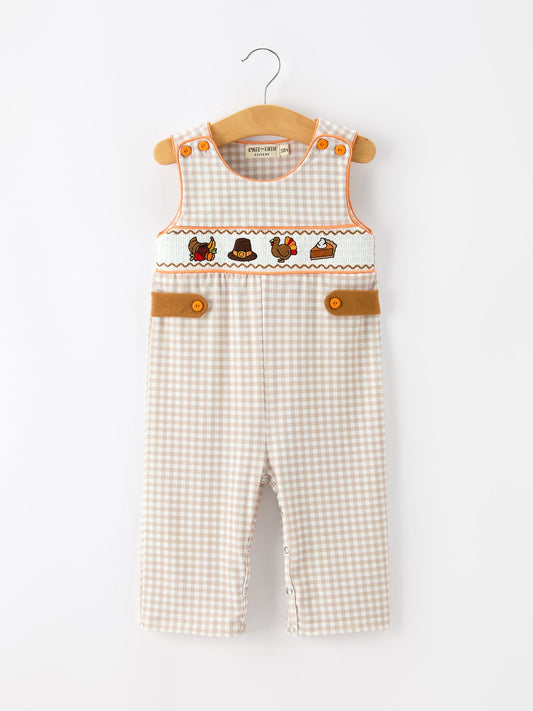 Thanksgiving Boys Gingham Jon Jon Embroidered Romper