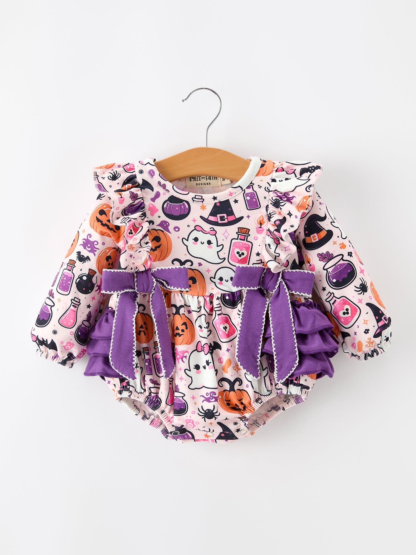 Halloween Pumpkin Ghost Baby Girl Bubble Romper Ruffle Bow Detail