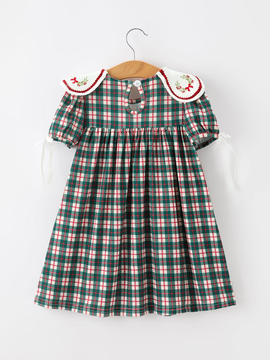 Baby Girl Christmas Plaid Embroidered Dress Wreath Collar