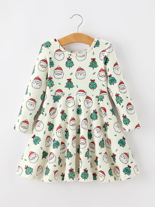 Girls Santa & Christmas Tree Print Twirl Dress