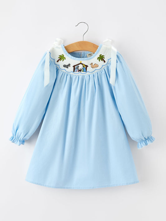 Christmas Nativity Smocked Long Sleeve Girls Dress