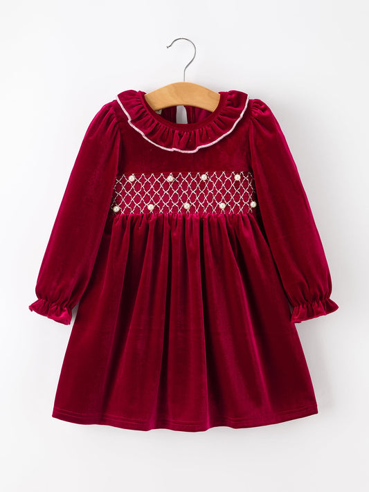 Christmas Velvet Smocked Girls Dress with Pearl Detail