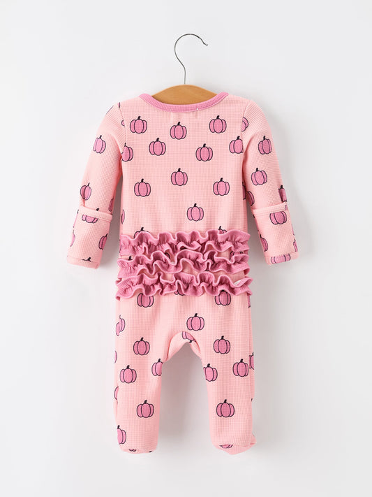 Fall Thanksgiving Pink Pumpkin Ruffle Zip Sleeper Waffle Jumpsuit