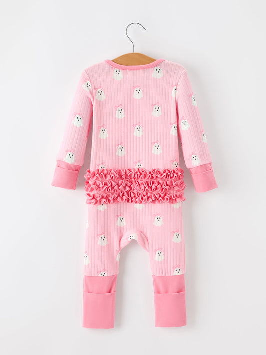 Halloween Ghost Baby Girl Pink Pajamas Ruffle Zipper Romper
