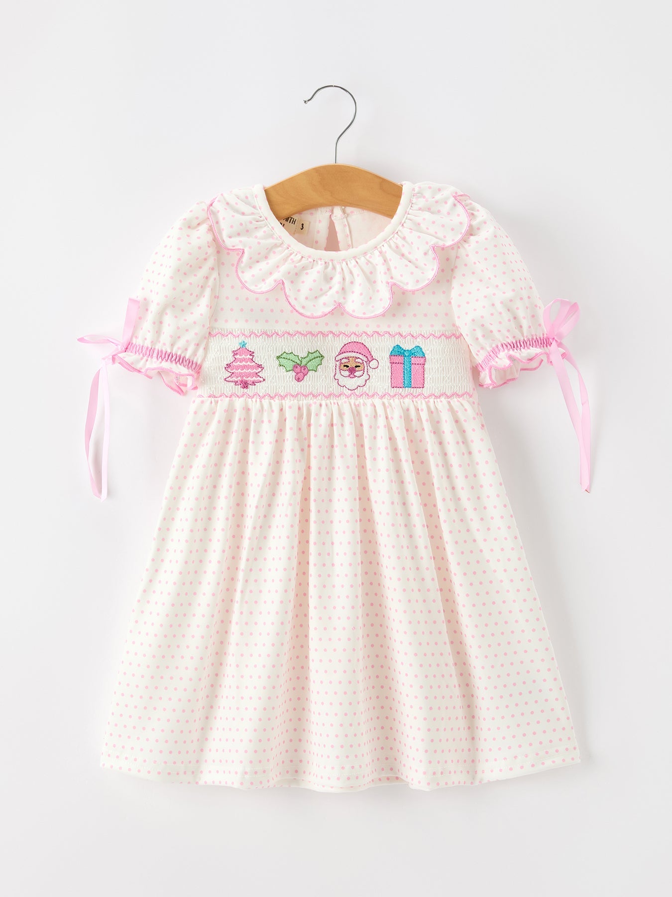 Christmas Smocked Girls Dress Embroidered Holiday Ruffle Collar