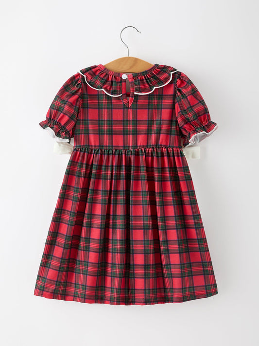 Christmas Girls Plaid Puppy Smocked Ruffle Collar Dress