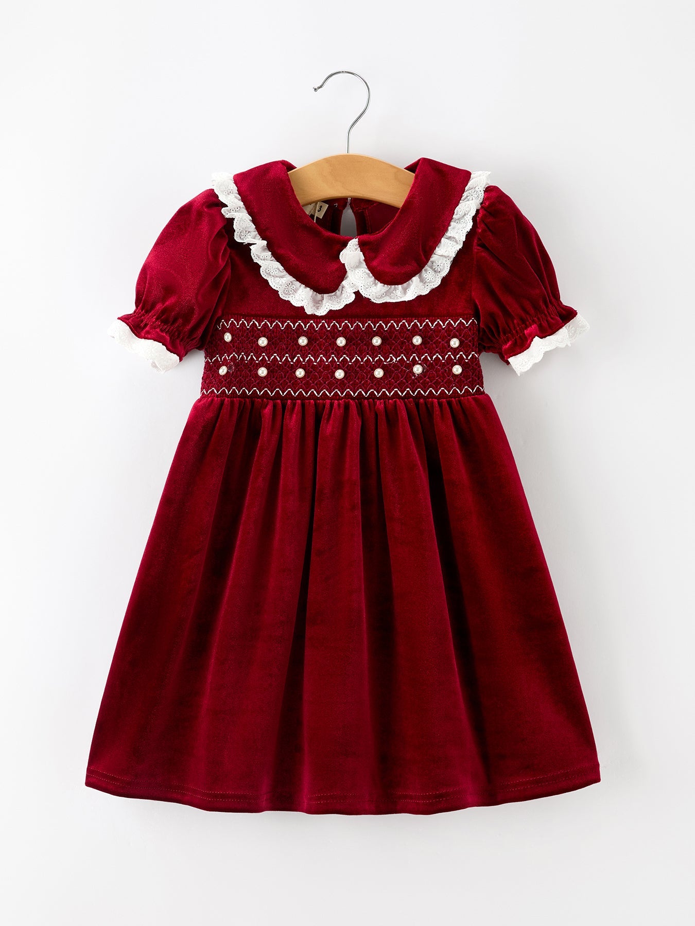 Christmas Burgundy Velvet Girls Smocked Pearl Lace Collar Dress