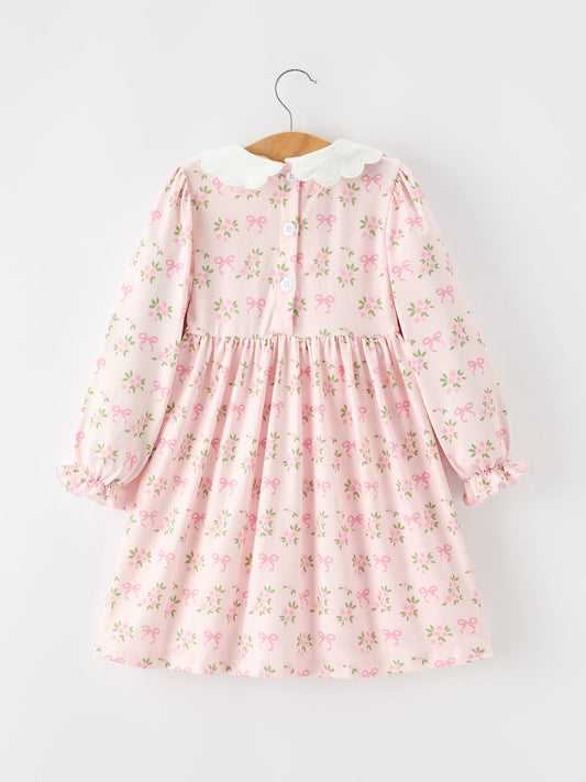 FALL Girls Pink Floral Embroidered Collar Smocked Dress