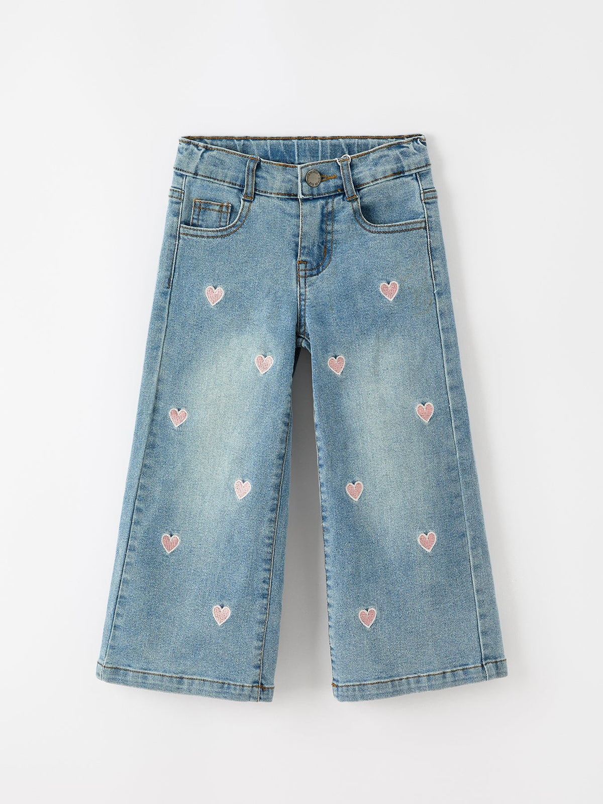 Valentine Girls Pink Heart Embroidered Wide Leg Jeans