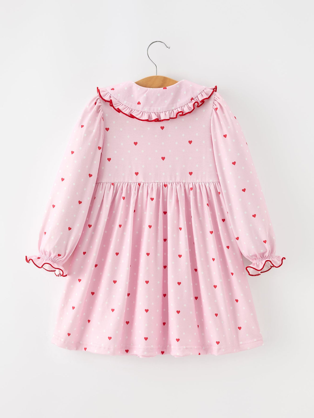 Girls Valentine's Day Pink Heart Print Ruffle Collar Dress