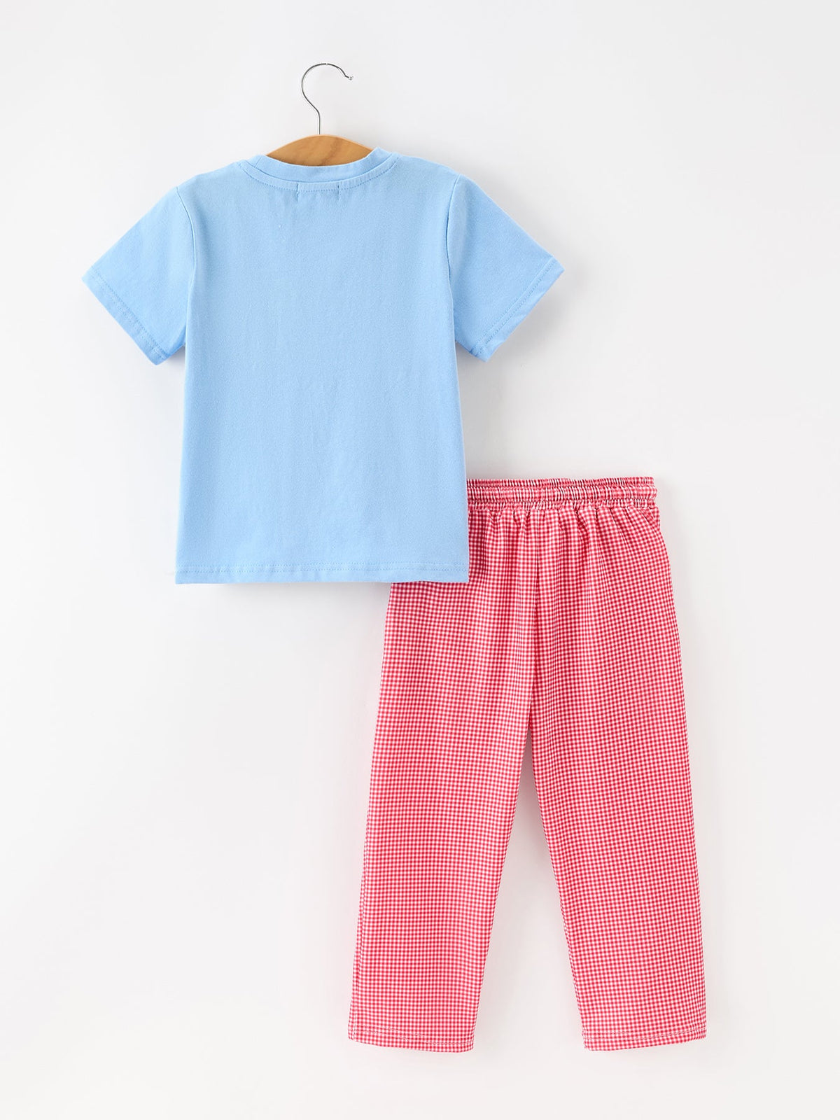 Boys Valentine's Day Blue Smocked Heart T-Shirt & Red Plaid Pants Set