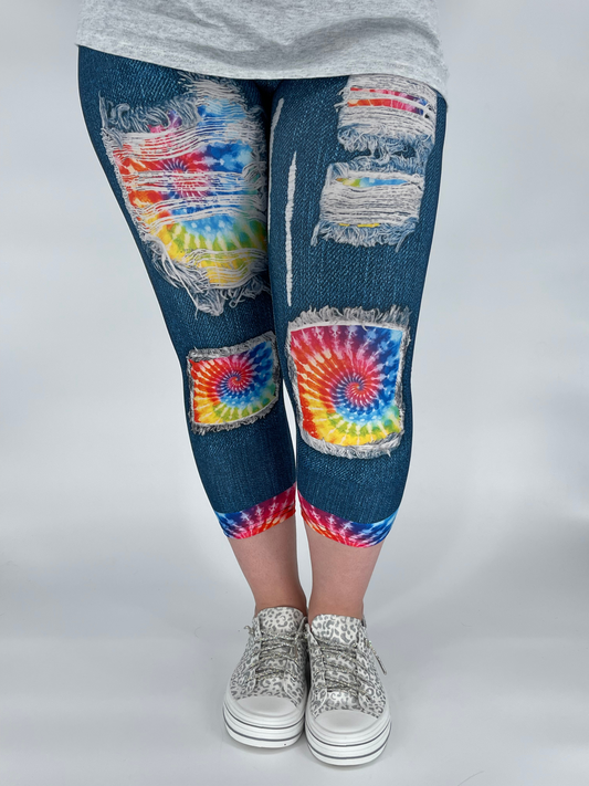 Rainbow Tie Dye Denim Capri Leggings w/ Back Pockets