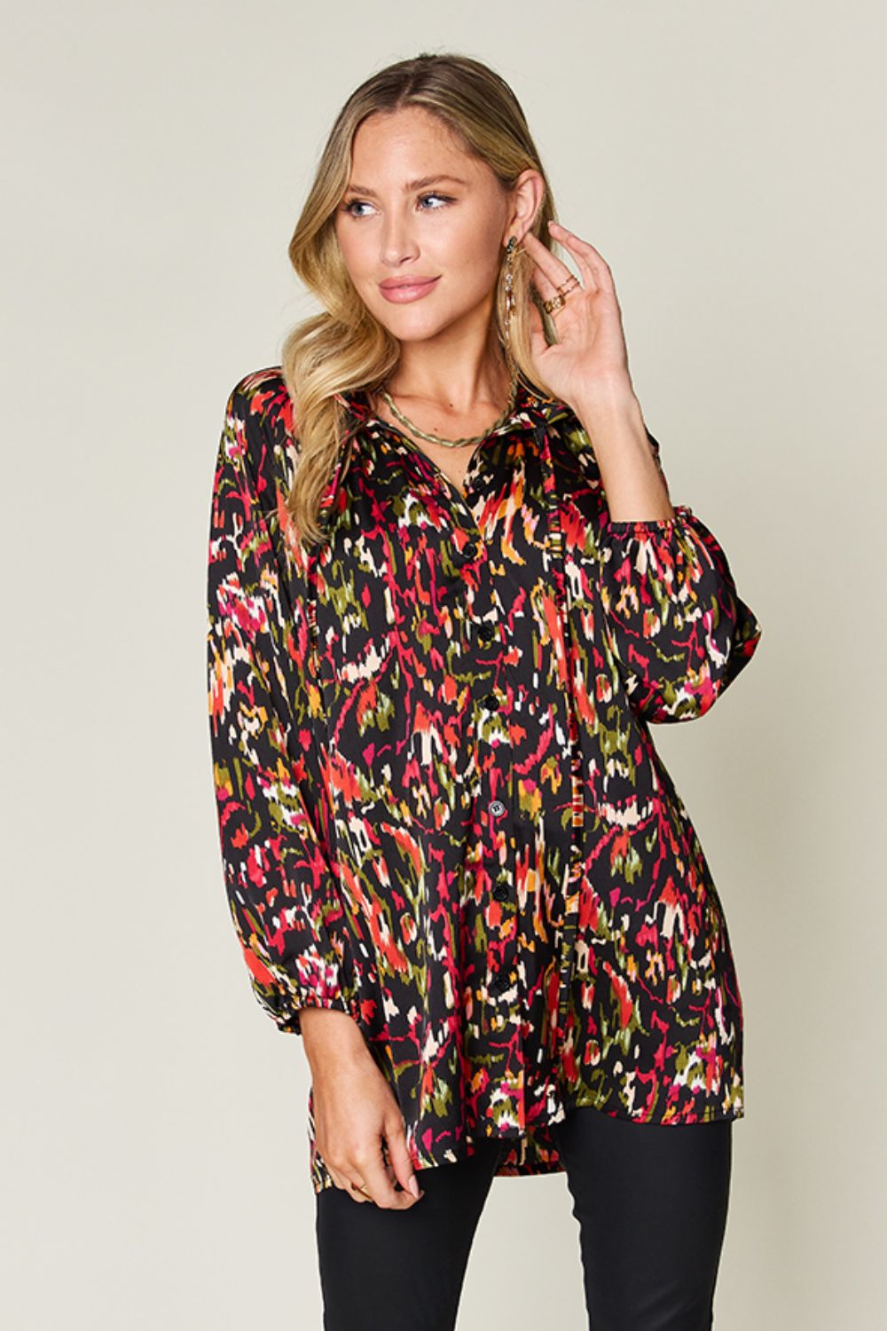 Double Take Printed Button Up Long Sleeve Shirt