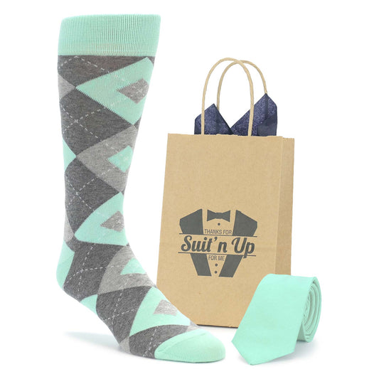 Mint Gray Argyle Wedding Groomsmen Men's Dress Socks with Matching Necktie