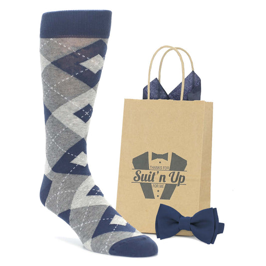 Navy Gray Argyle Wedding Groomsmen Men's Dress Socks with Navy Bow Tie