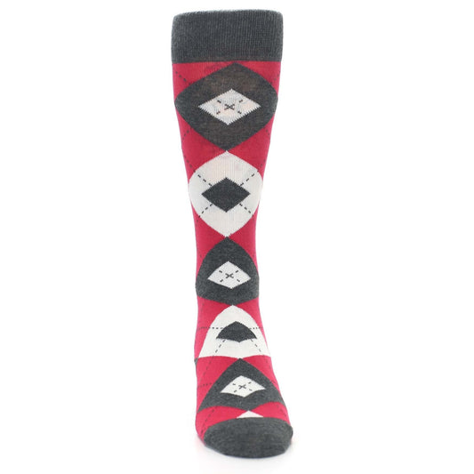 Cherry Red Gray Argyle Men’s Dress Socks