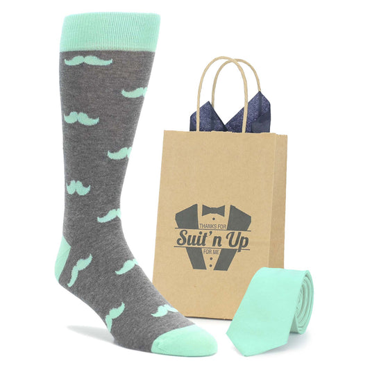 Mint Gray Mustache Wedding Groomsmen Men's Dress Socks with Matching Necktie
