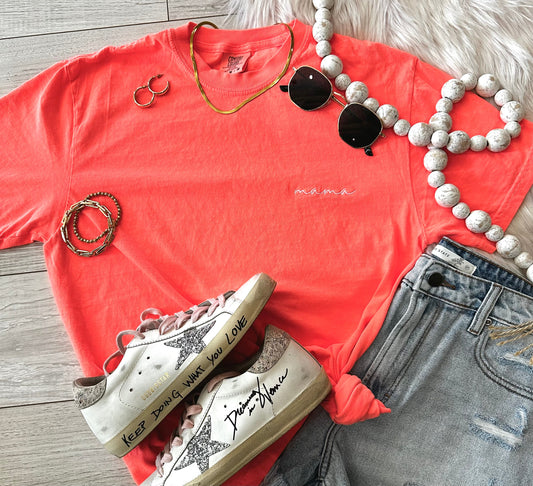 Neon Red Orange Dainty Mama Embroidered Graphic Tee