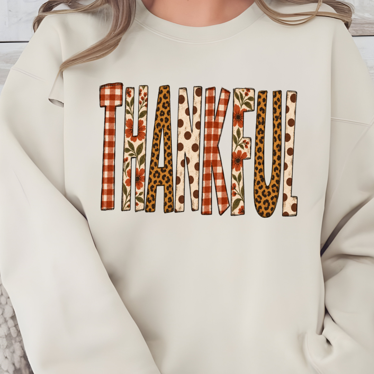Patchwork Thankful Graphic Sweatshirt