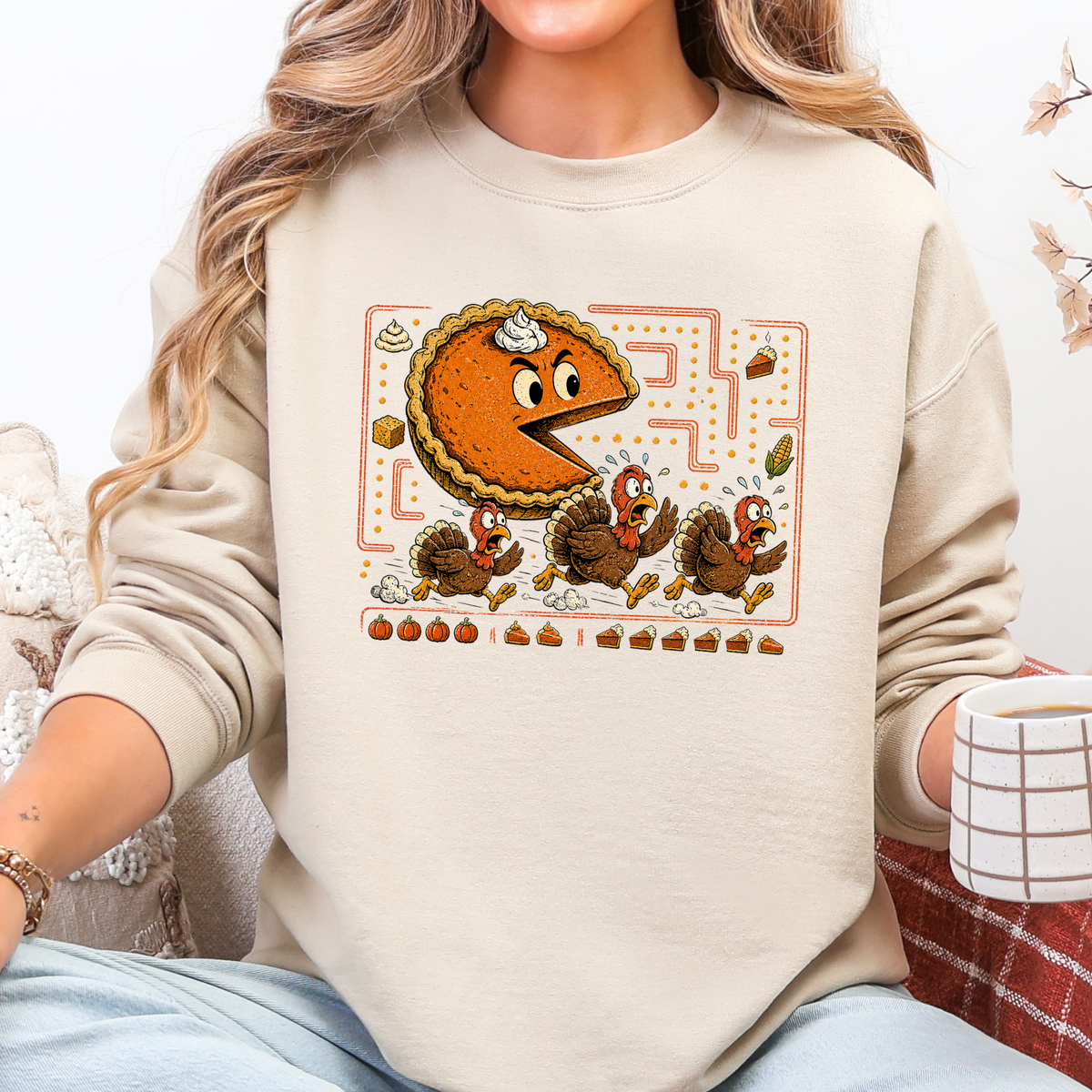 Thanksgiving Pie Chasing Turkey Graphic Tee or Sweatshirt