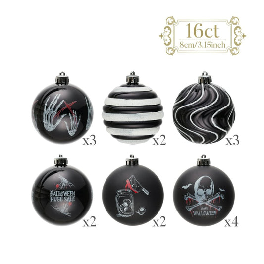 Black Gothic 16-Piece Baubles with Skulls, Skeleton Hands, Horror Prints & Striped Designs