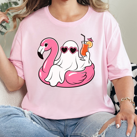 Ghost with Pink Flamingo Graphic Tee