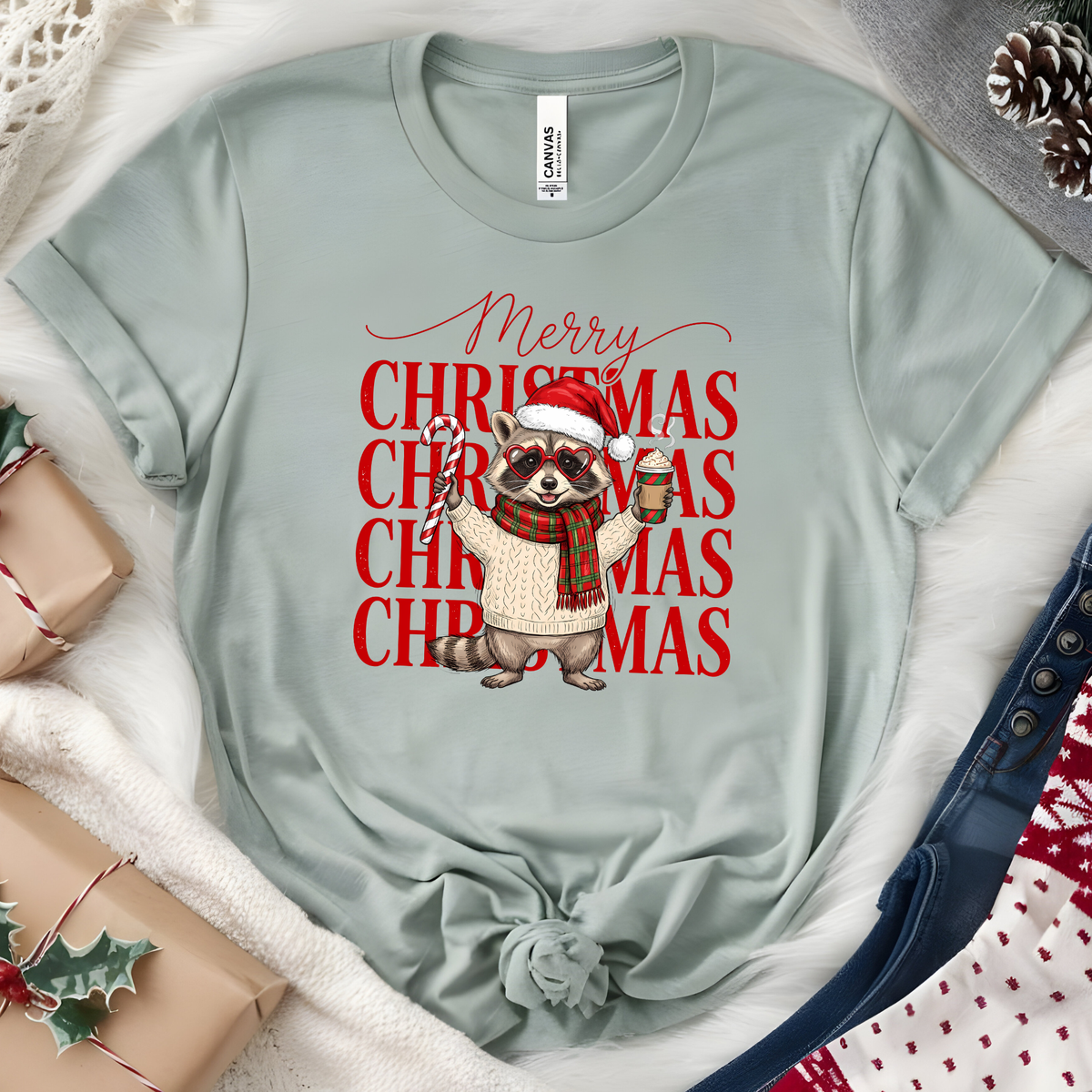 Merry Christmas Raccoon Graphic Tee