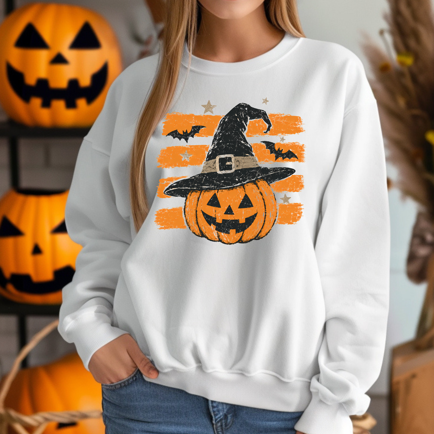 Striped Vintage Halloween Pumpkin Graphic Tee or Sweatshirt