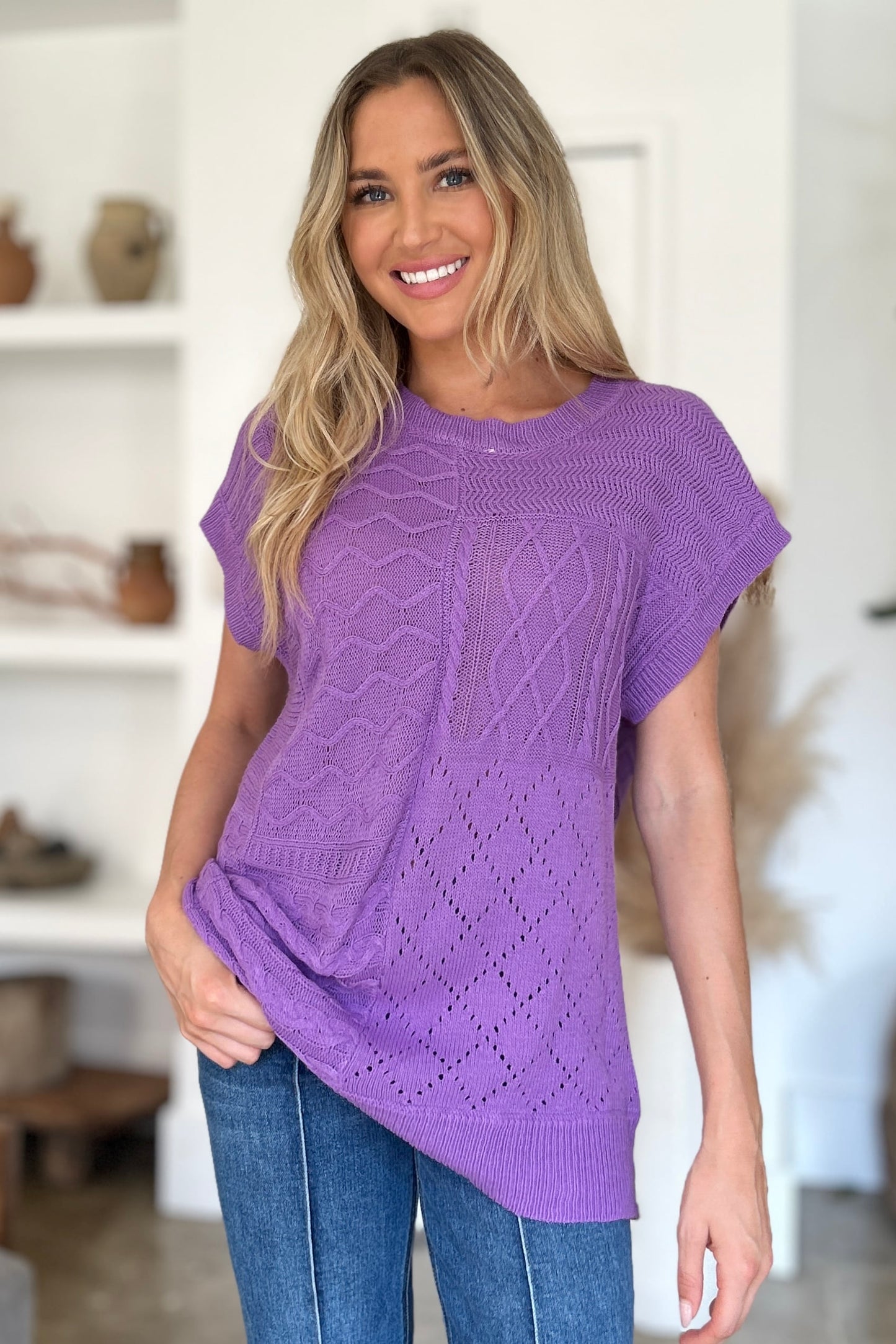 Double Take Cable-Knit Round Neck Cap Sleeve Sweater
