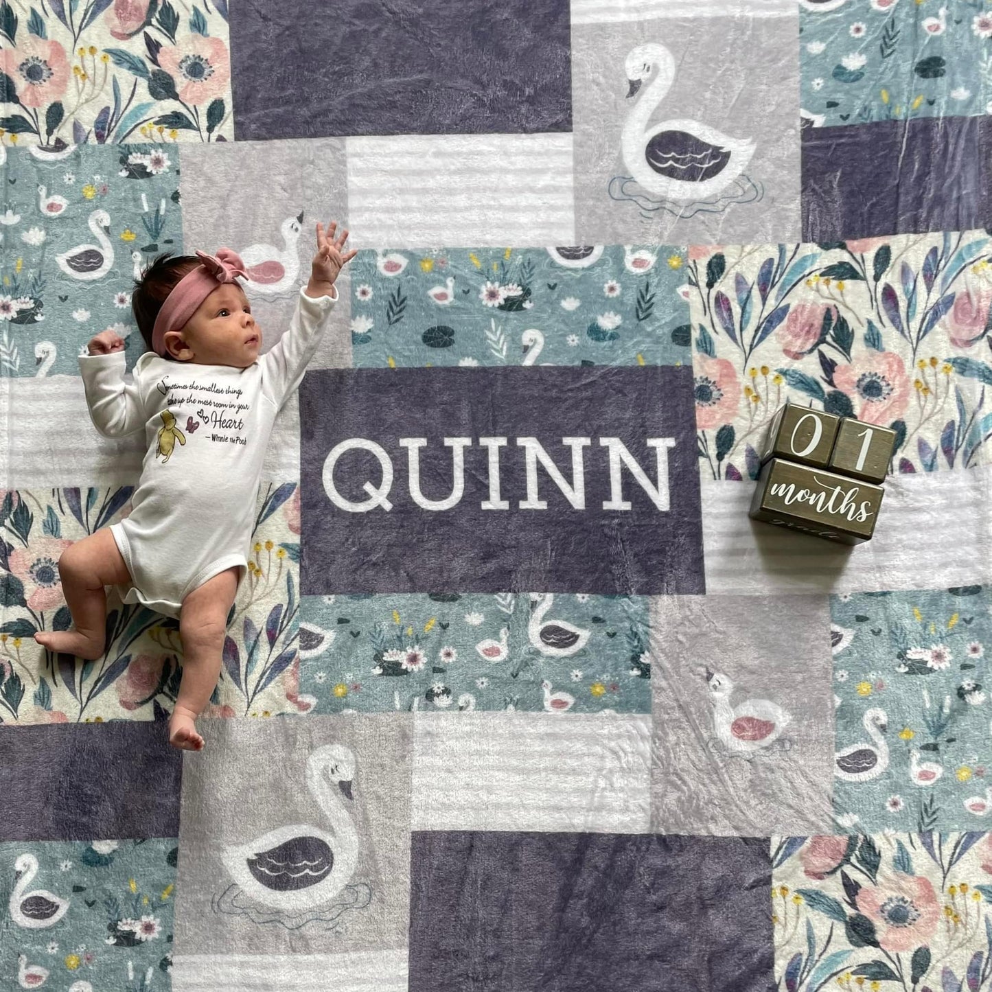 Custom Personalized Plush Minky Blanket - Purple Floral Swan Faux Quilt Style  // 3 sizes