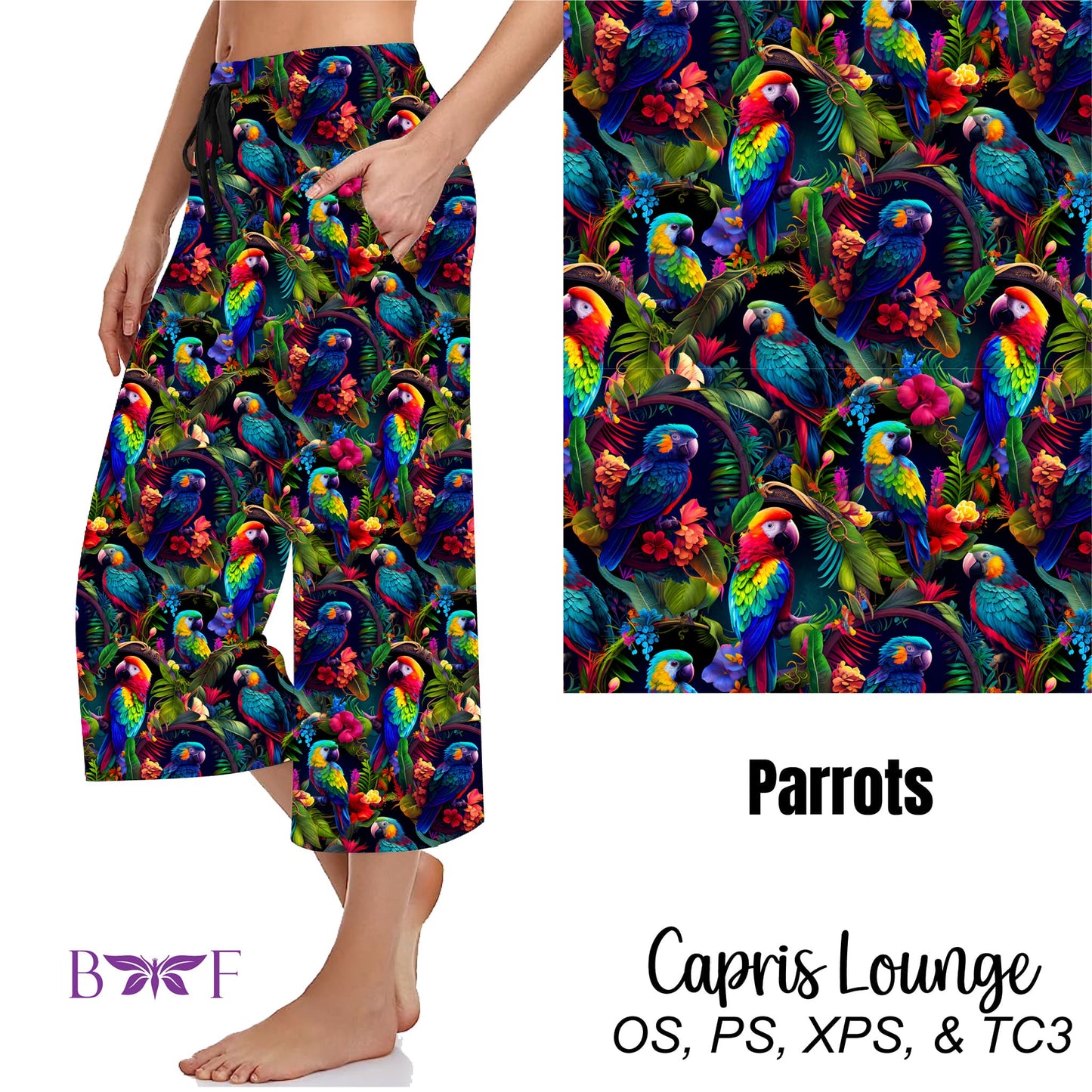 Tropical Parrot capris, capri joggers, and shorts