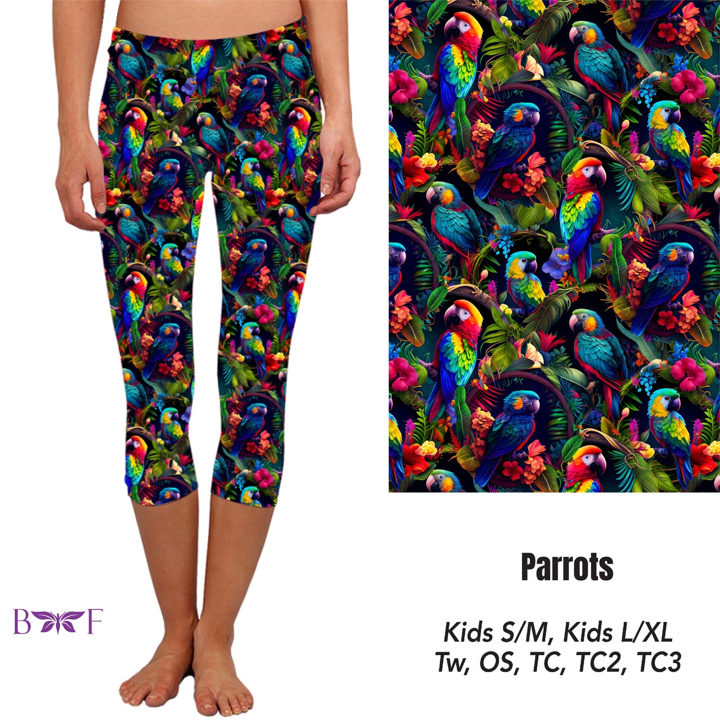 Tropical Parrot capris, capri joggers, and shorts