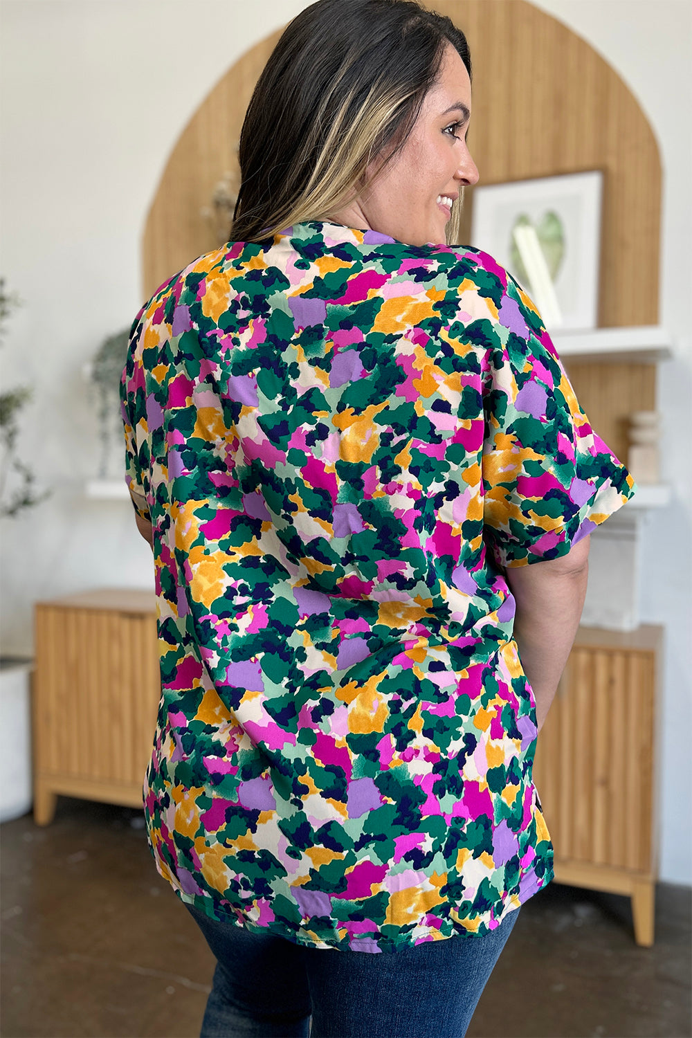 Double Take Printed V-Neck Short Sleeve Blouse