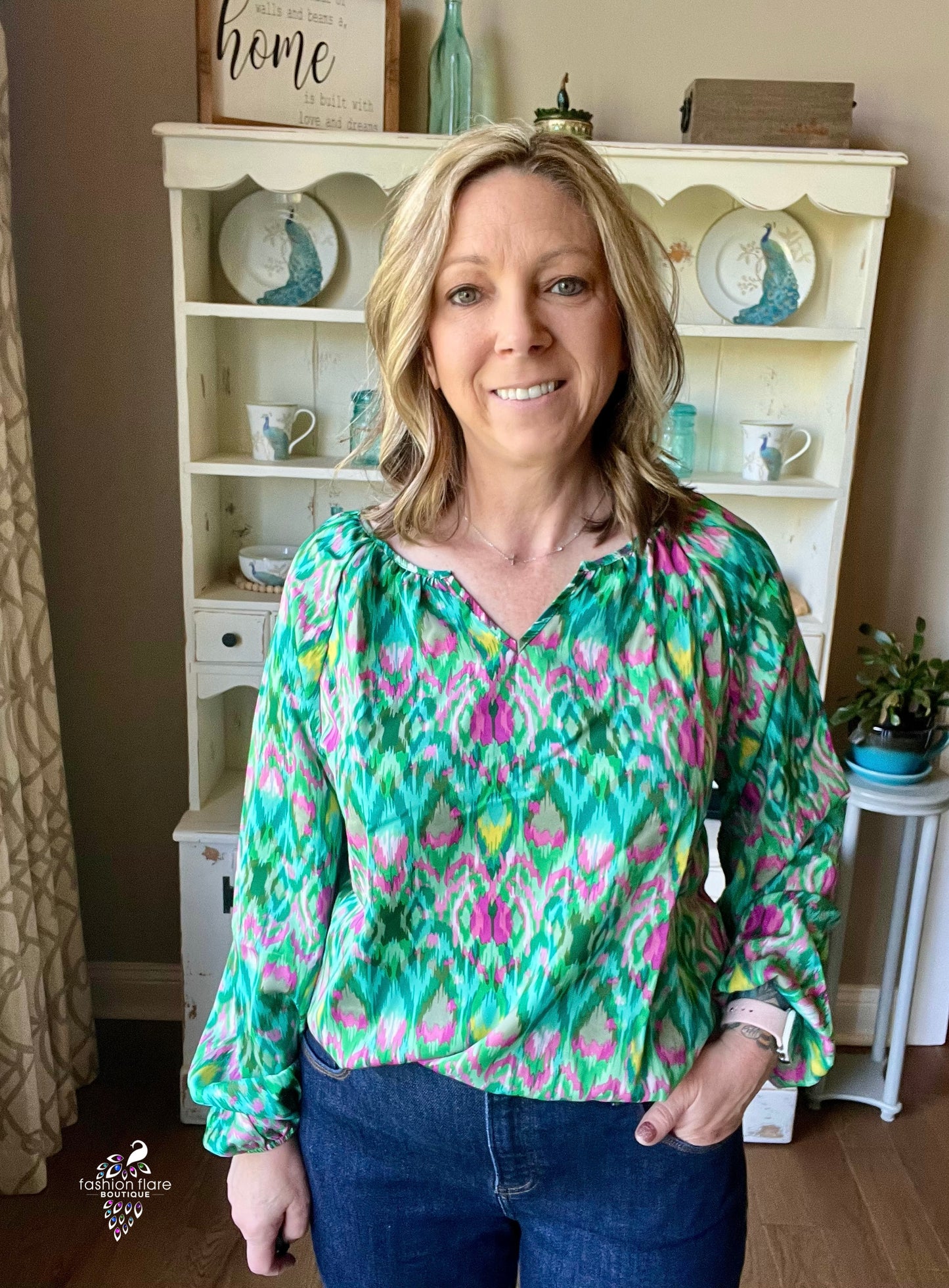 Double Take Printed Balloon Sleeve Blouse
