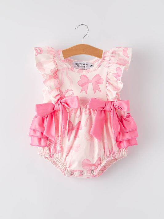 Girls Pink Bow Print Short Sleeves Romper