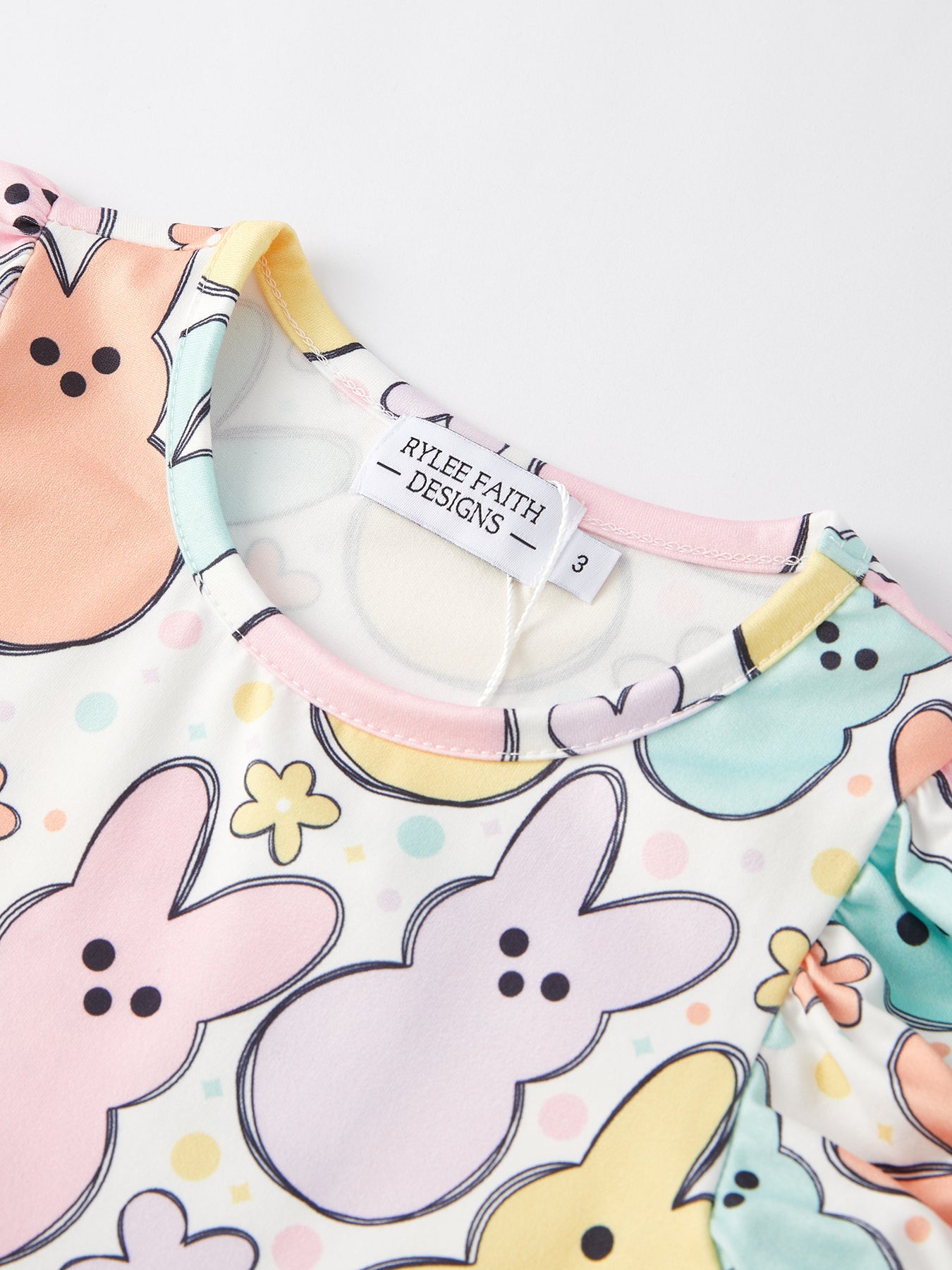 Easter Colorful Bunny Print Puff Sleeves Girls Dress