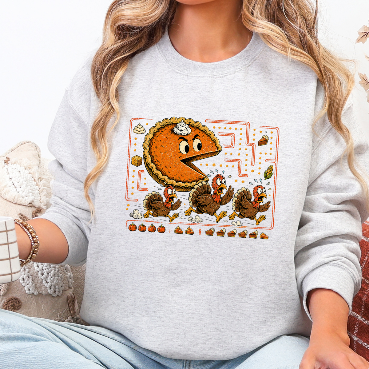 Thanksgiving Pie Chasing Turkey Graphic Tee or Sweatshirt