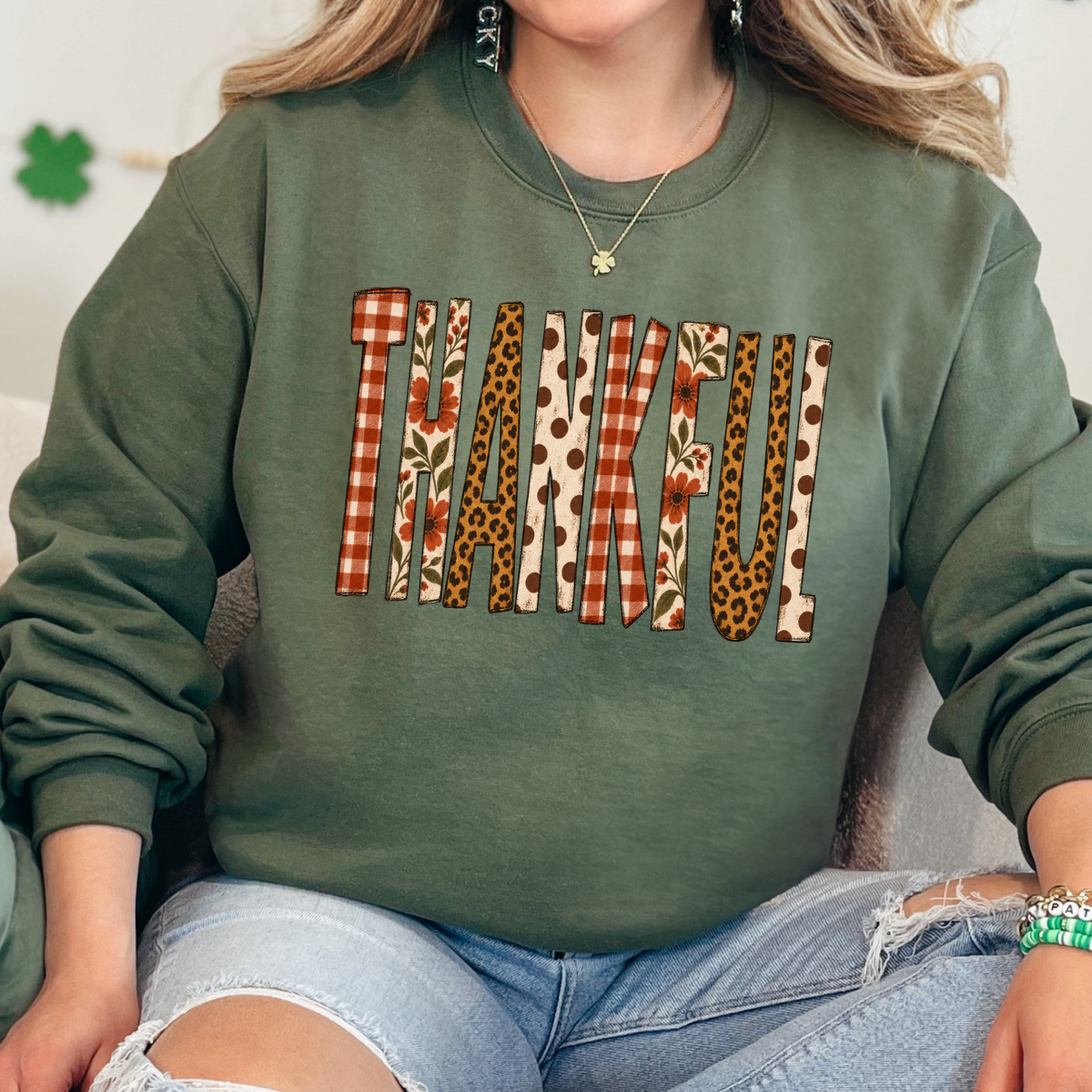 Patchwork Thankful Graphic Sweatshirt