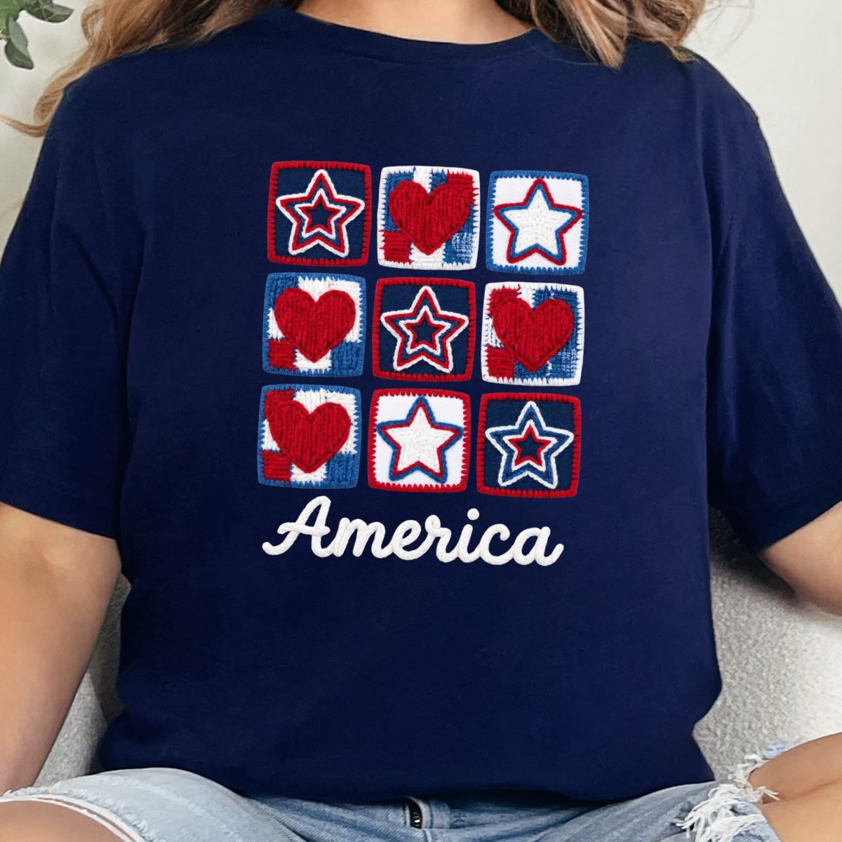 Patriotic Quilt Stars Hearts Graphic Tee