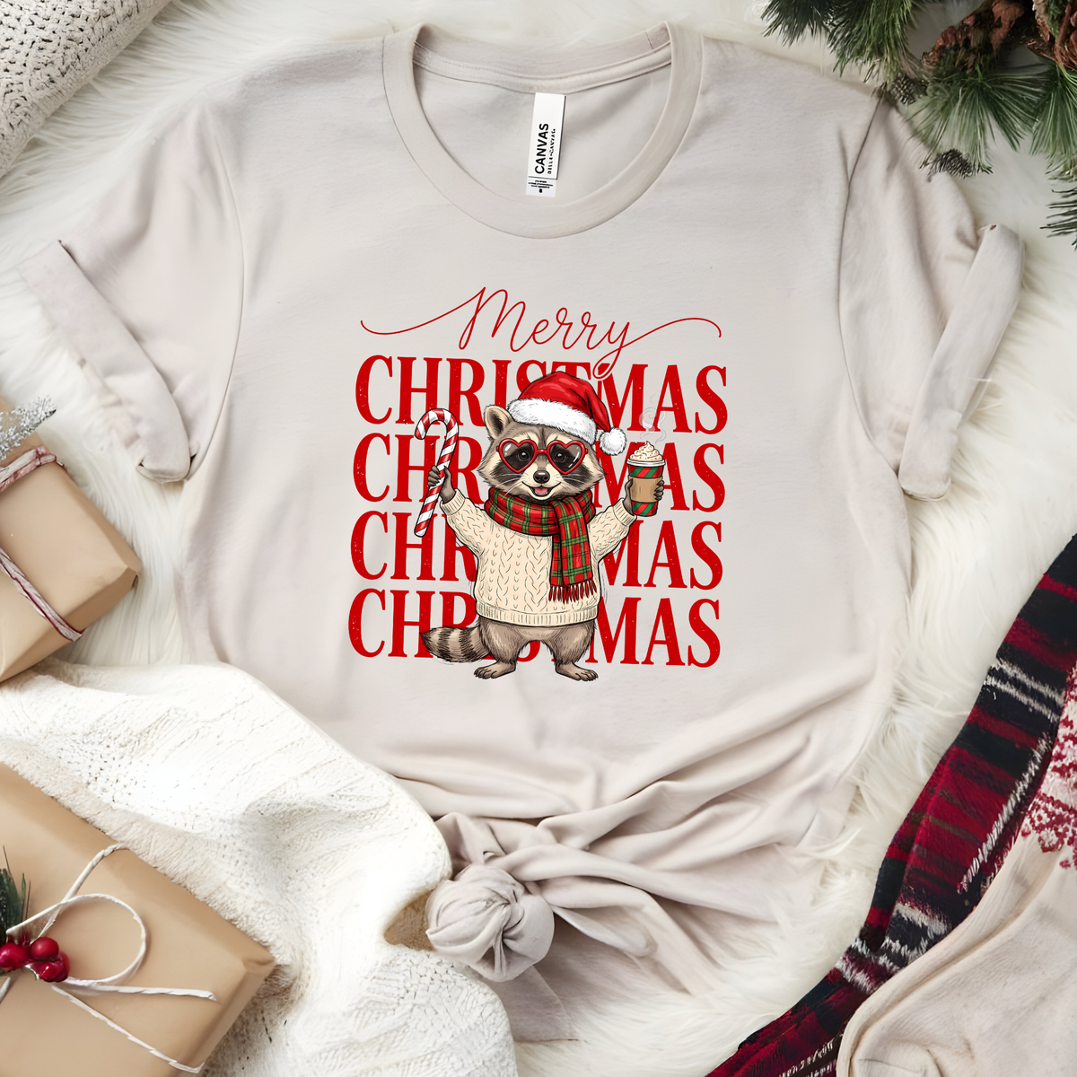 Merry Christmas Raccoon Graphic Tee
