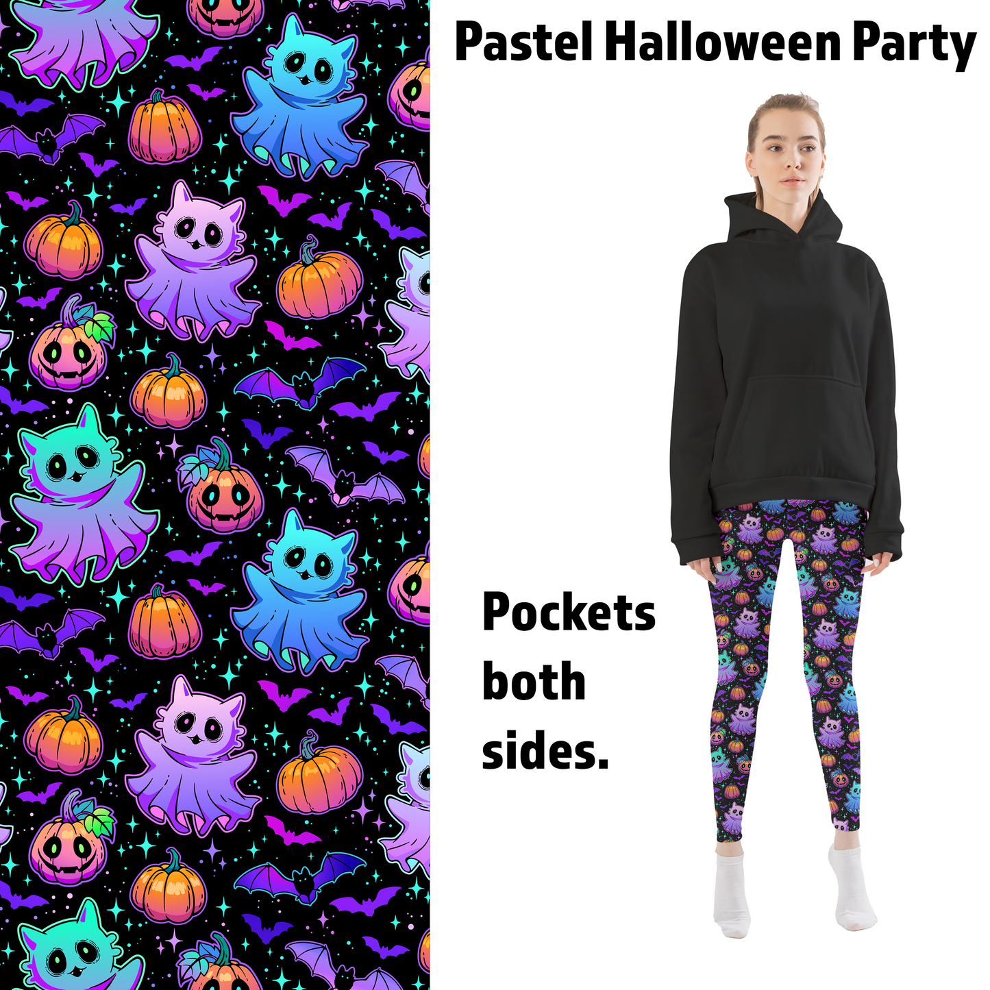 Pastel Halloween Party Cats, GhS-L = OSts, and Bats Leggings with Pockets