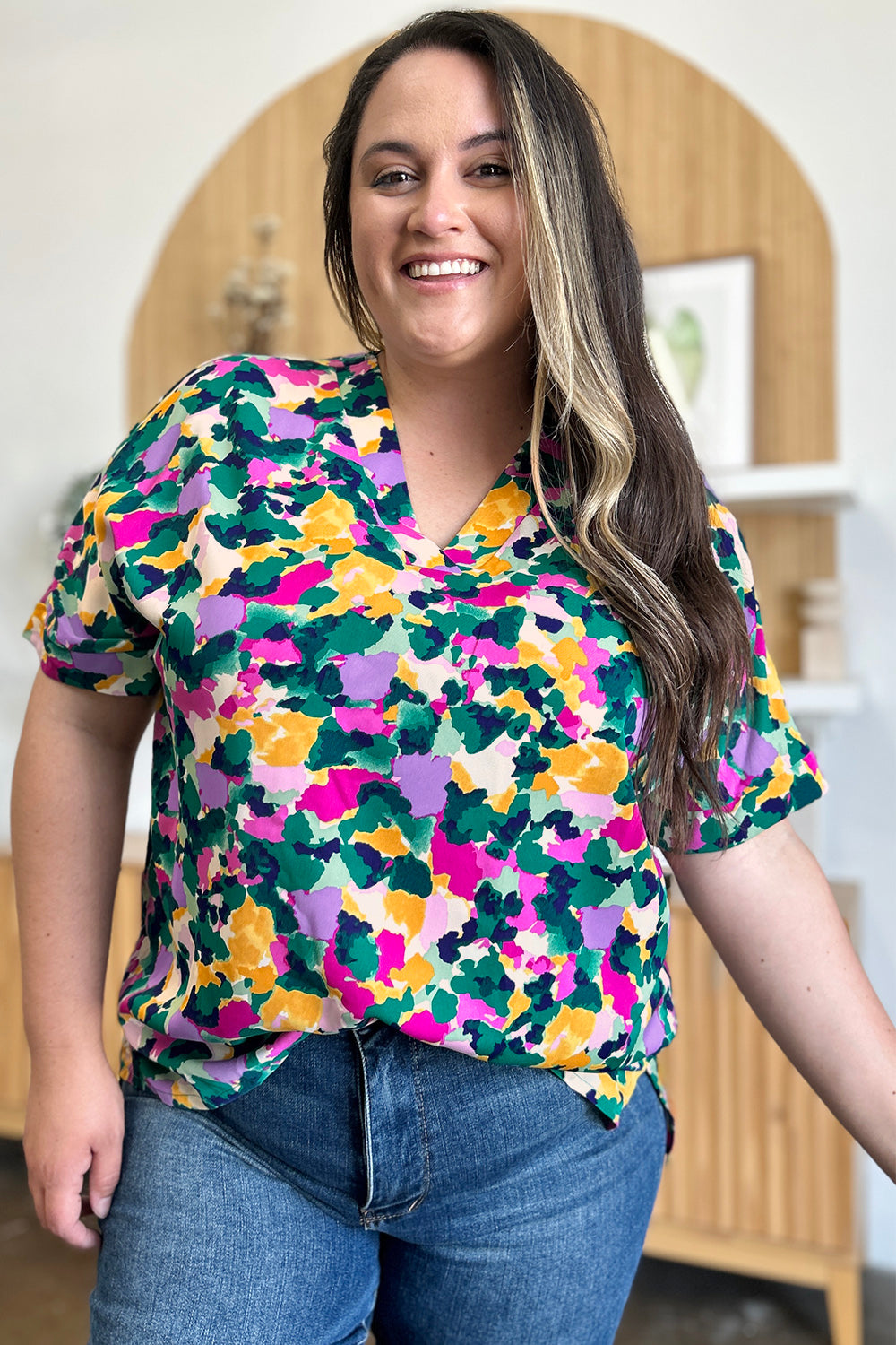 Double Take Printed V-Neck Short Sleeve Blouse