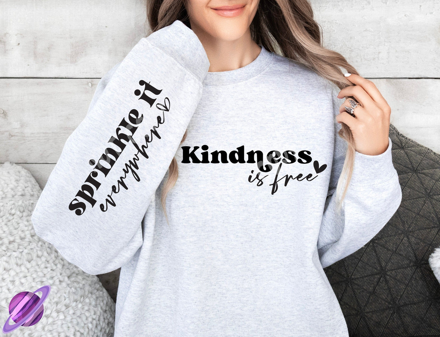 KINDNESS IS FREE W/ SLEEVE PRINT CREWNECK SWEATSHIRT