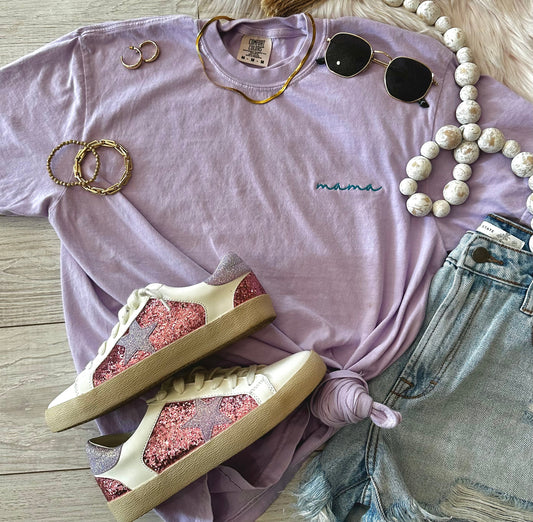 Lilac Dainty Mama Embroidered Graphic Tee
