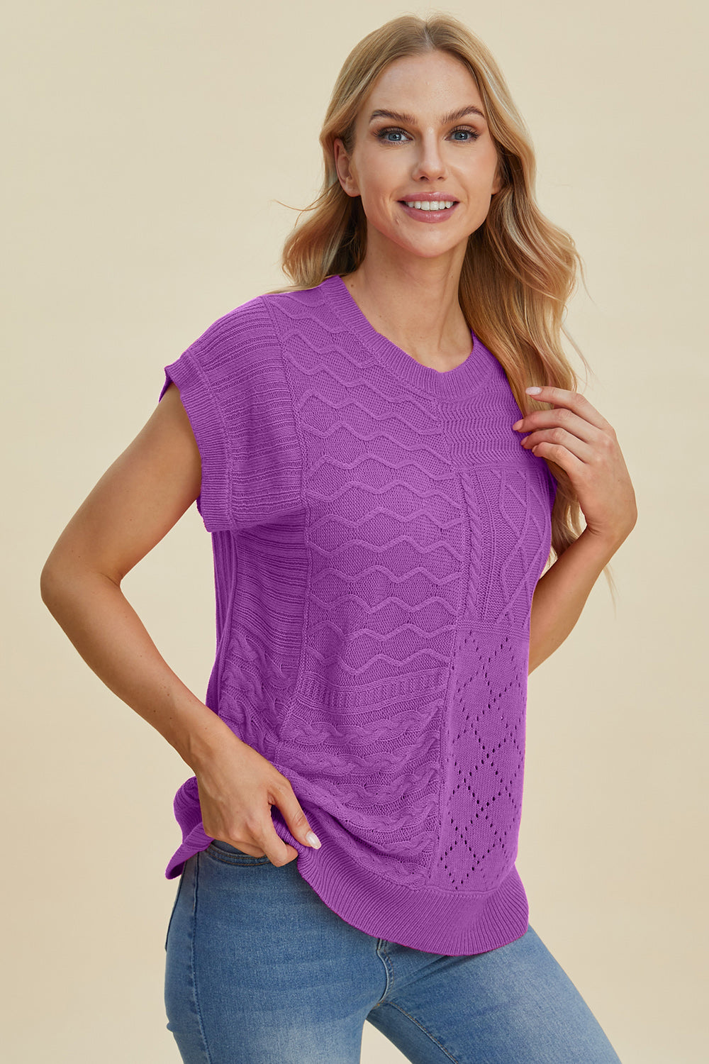 Double Take Cable-Knit Round Neck Cap Sleeve Sweater