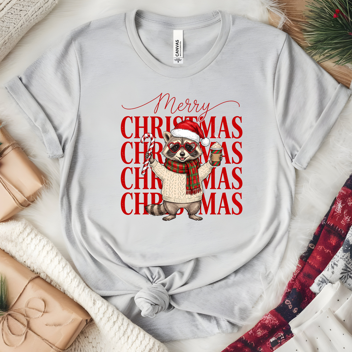 Merry Christmas Raccoon Graphic Tee