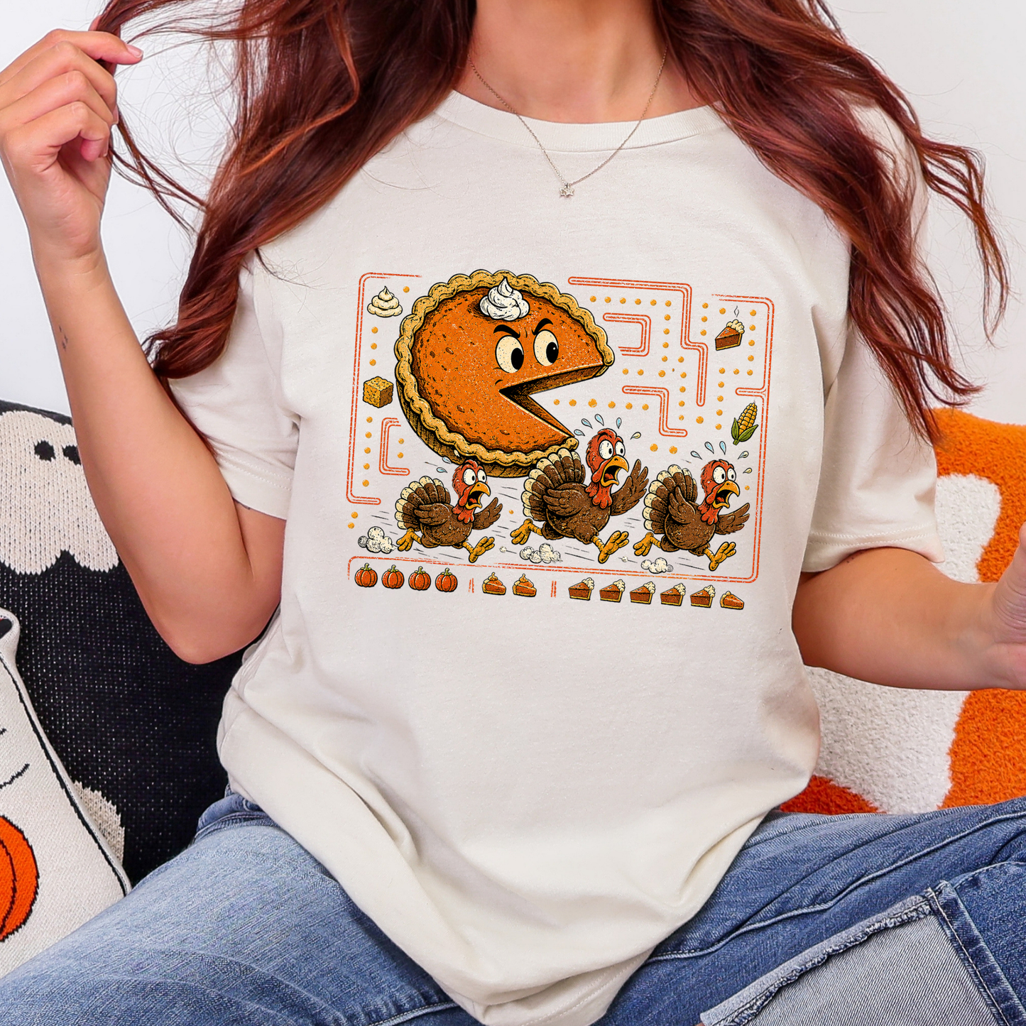 Thanksgiving Pie Chasing Turkey Graphic Tee or Sweatshirt