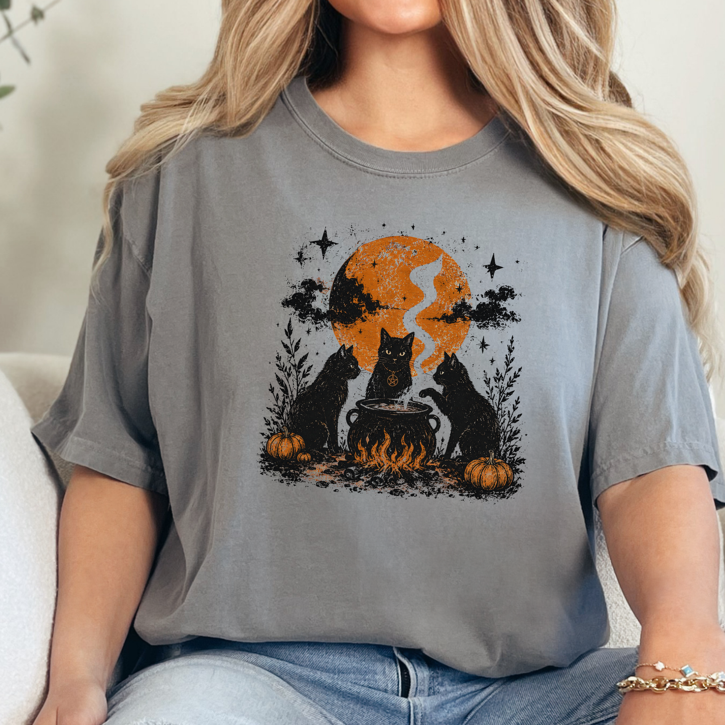 Witch Cat Coven Halloween Graphic Tee
