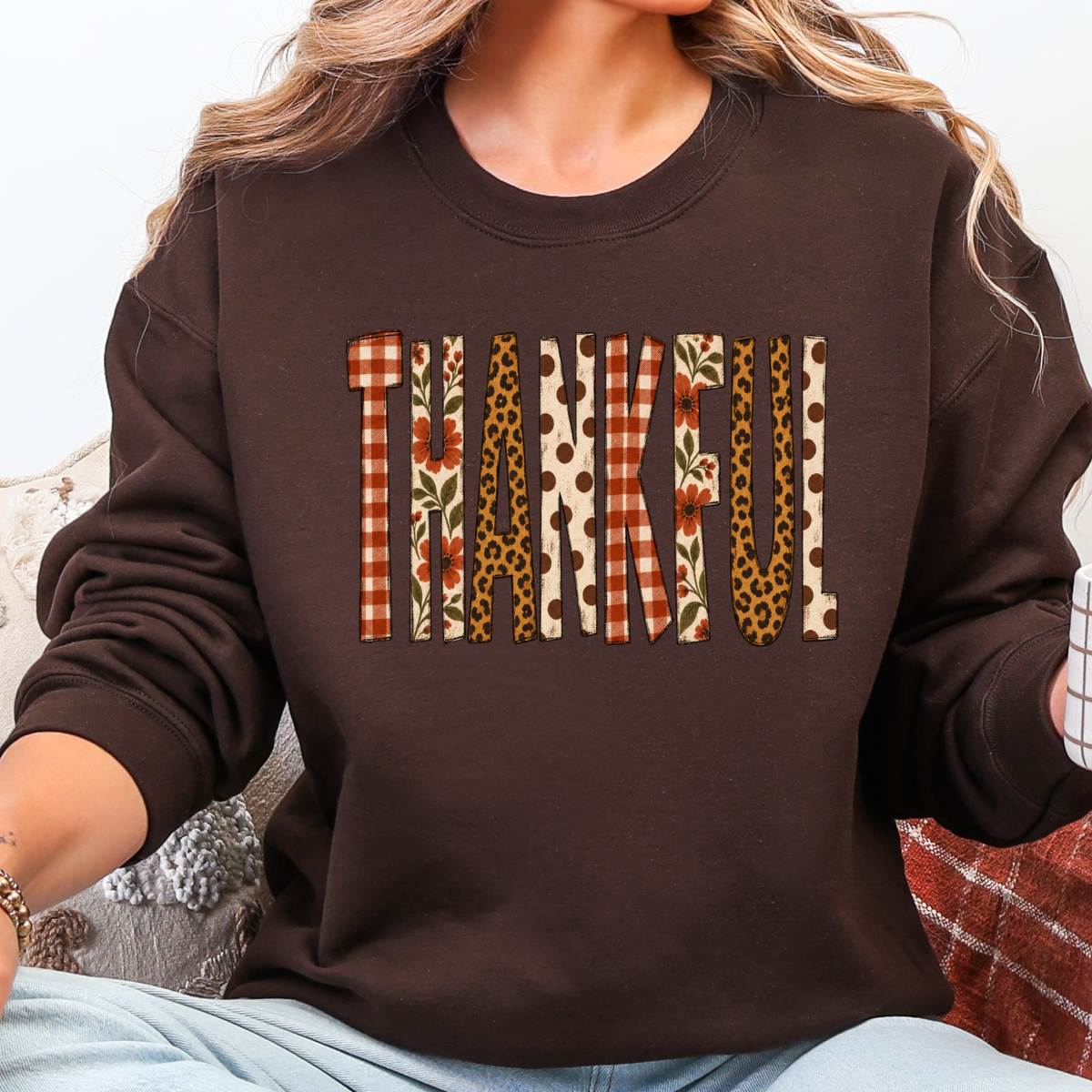 Patchwork Thankful Graphic Sweatshirt